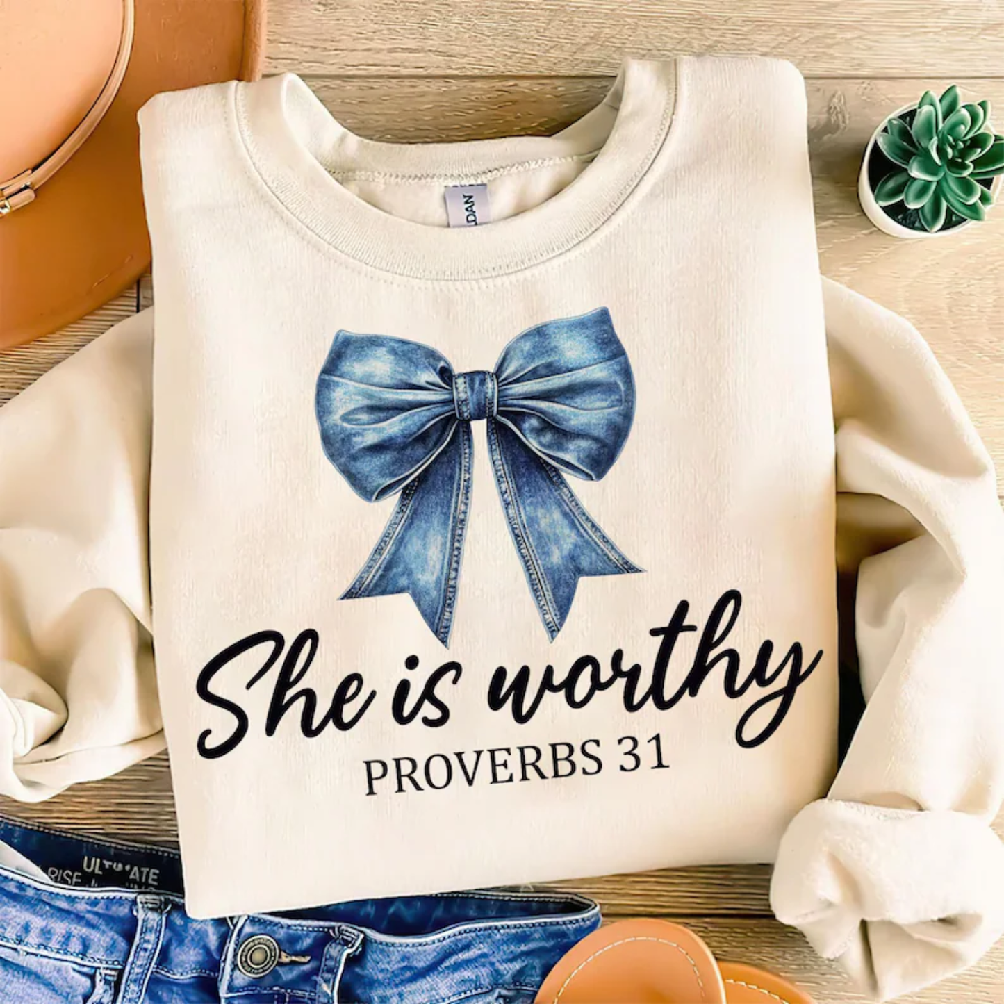 She is Worthy Coquette Denim Bow Sweatshirt